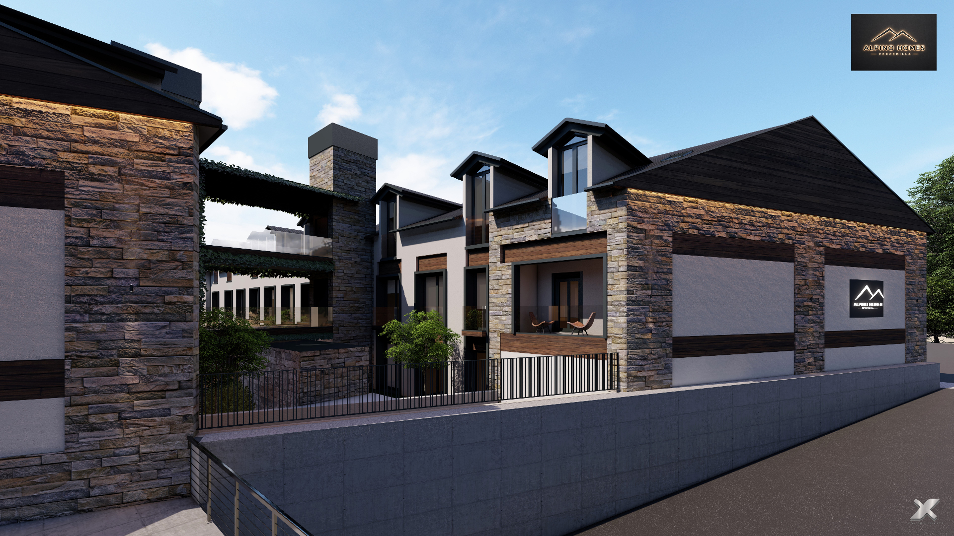 Vista lateral con pérgola y terrazas interiores